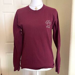 Burgundy long sleeve cotton shirt with white paw print and 'PAWZ' text - small